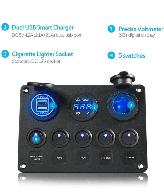 Switch Panel, Multi-Function Switch Panel Dual USB Charger Panel Digital Voltmeter Switch Panel 12V Outlet
