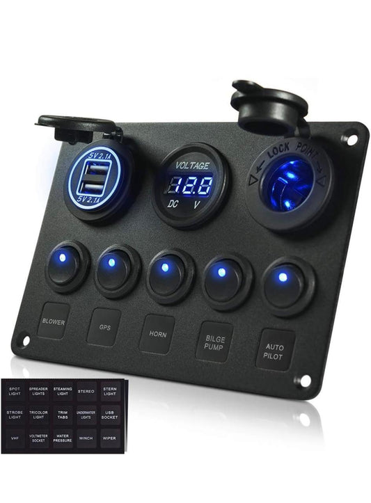 Switch Panel, Multi-Function Switch Panel Dual USB Charger Panel Digital Voltmeter Switch Panel 12V Outlet