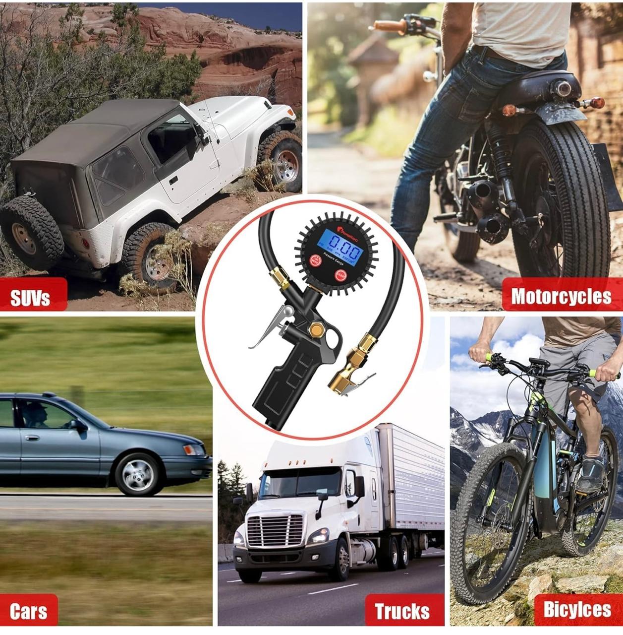 Digital Tire Inflator with Pressure Gauge – For Cars, 4x4s, Motorcycles & Bicycles